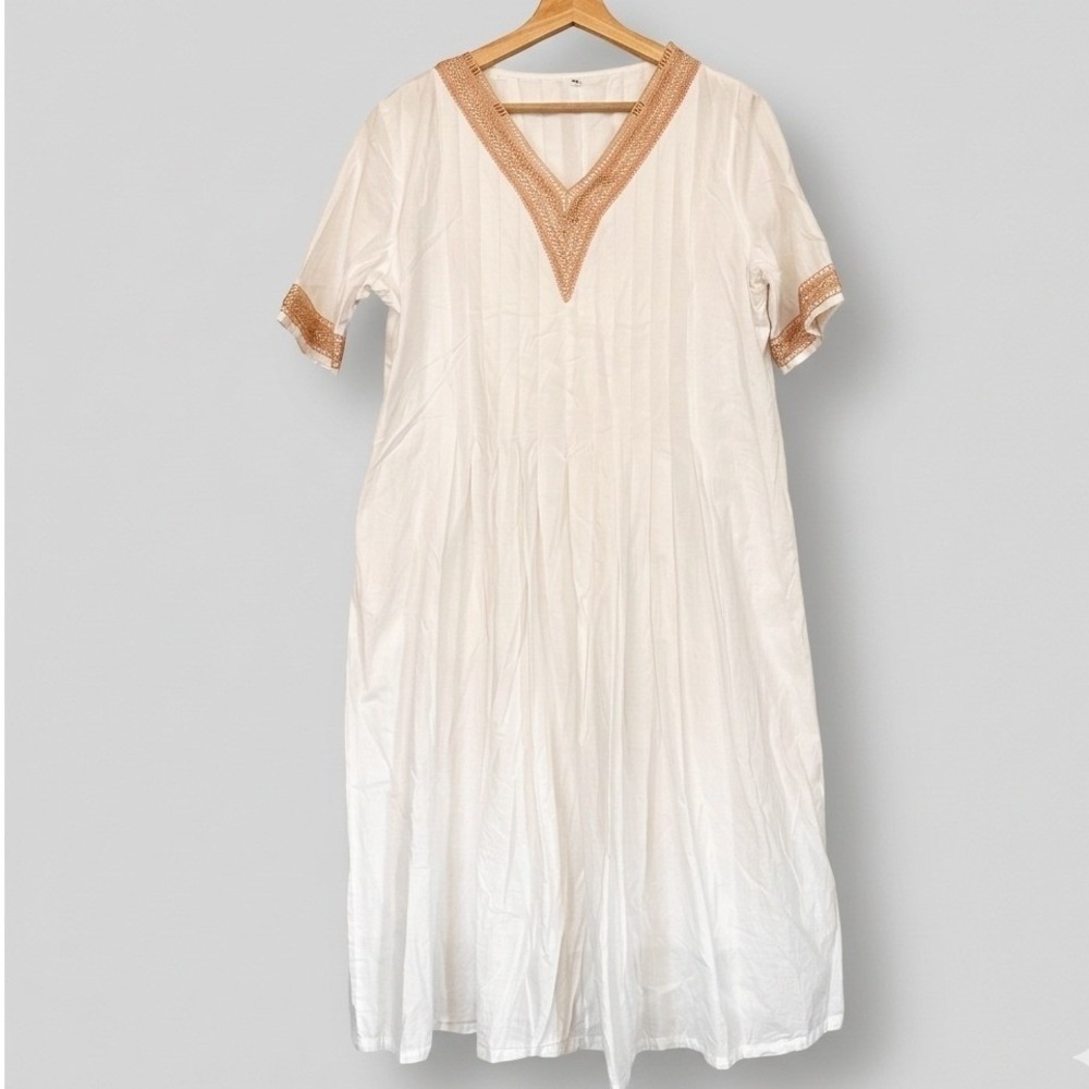 White Cotton V-Neck Midi Dress Tan Crochet Lace Trim Pintuck Pleat Coastal Boho